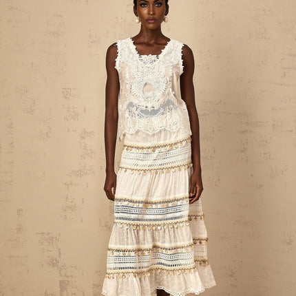 Gemmina White Cropped Top Floral Embroidered Frayed Edge Sleeveless Cut-Out Detailing 100% Cotton