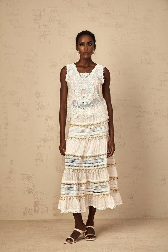 Gemmina White Cropped Top Floral Embroidered Frayed Edge Sleeveless Cut-Out Detailing 100% Cotton
