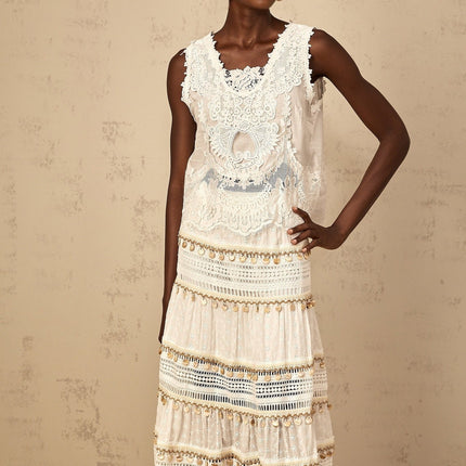 Gemmina White Cropped Top Floral Embroidered 100% Cotton Sleeveless Cut-Out Detailing Frayed Edge Accents
