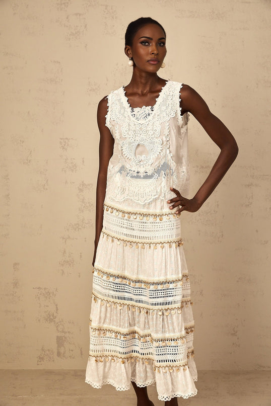 Gemmina White Cropped Top Floral Embroidered 100% Cotton Sleeveless Cut-Out Detailing Frayed Edge Accents