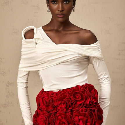 Gemmina White Twist Jersey Top with Mono Shoulder and Long Sleeves