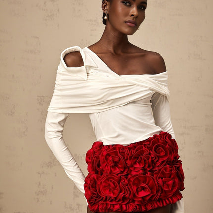 Gemmina White Twist Jersey Top with Mono Shoulder and Long Sleeves