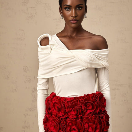 Gemmina White Twist Jersey Top with Mono Shoulder and Long Sleeves
