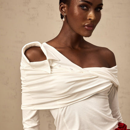 Gemmina White Twist Jersey Top with Mono Shoulder and Long Sleeves