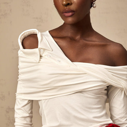 Gemmina White Twisted Jersey Top with Mono Shoulder and Long Sleeves