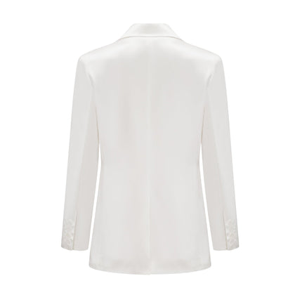 Genesis White Silk Double-Breasted Blazer Notch Lapels Shoulder Pads Buttoned Cuffs Long Sleeves Front Flap Pockets Front Button Closure