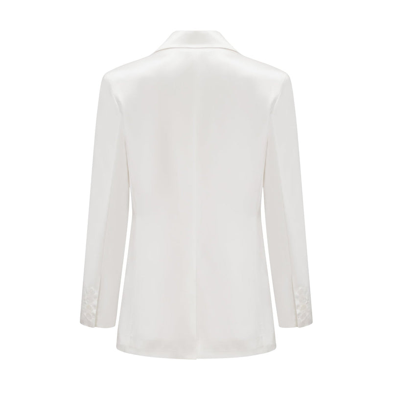 Genesis White Silk Double-Breasted Blazer Notch Lapels Shoulder Pads Buttoned Cuffs Long Sleeves Front Flap Pockets Front Button Closure