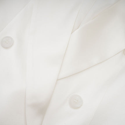 Genesis White Silk Double-Breasted Blazer Notch Lapels Shoulder Pads Buttoned Cuffs Long Sleeves Front Flap Pockets Front Button Closure