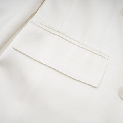 Genesis White Silk Double-Breasted Blazer Notch Lapels Shoulder Pads Buttoned Cuffs Long Sleeves Front Flap Pockets Front Button Closure