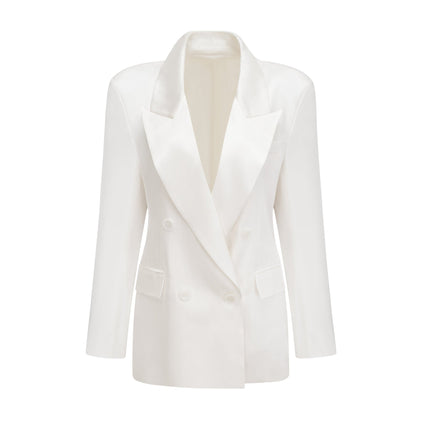 Genesis White Silk Double-Breasted Blazer Notch Lapels Shoulder Pads Buttoned Cuffs Long Sleeves Front Flap Pockets Front Button Closure