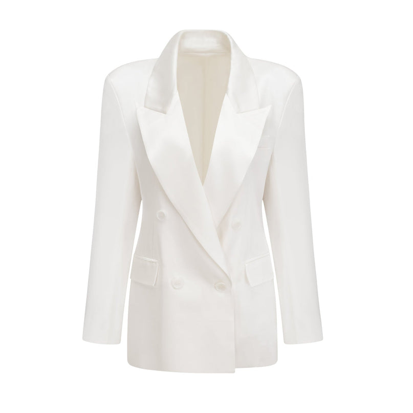 Genesis White Silk Double-Breasted Blazer Notch Lapels Shoulder Pads Buttoned Cuffs Long Sleeves Front Flap Pockets Front Button Closure