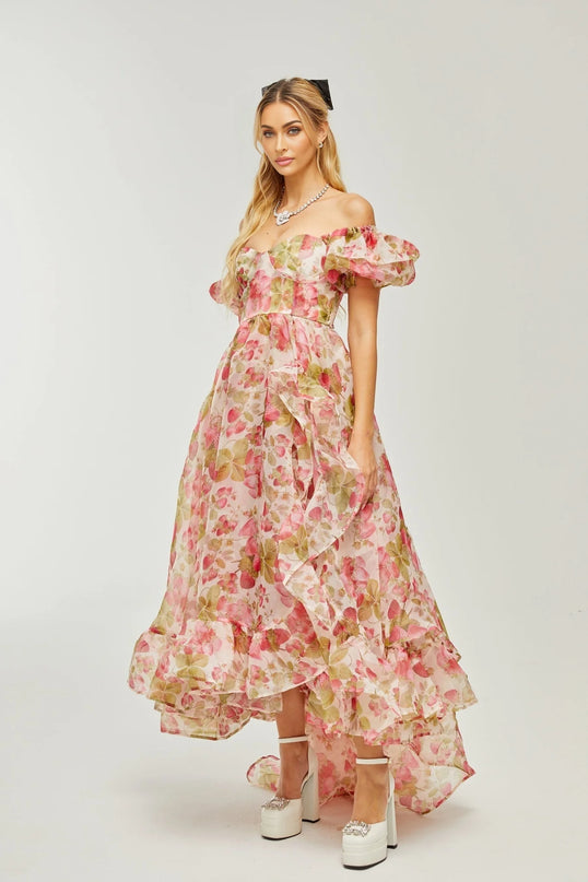Geneviève fruitprint ruffled maxi dress