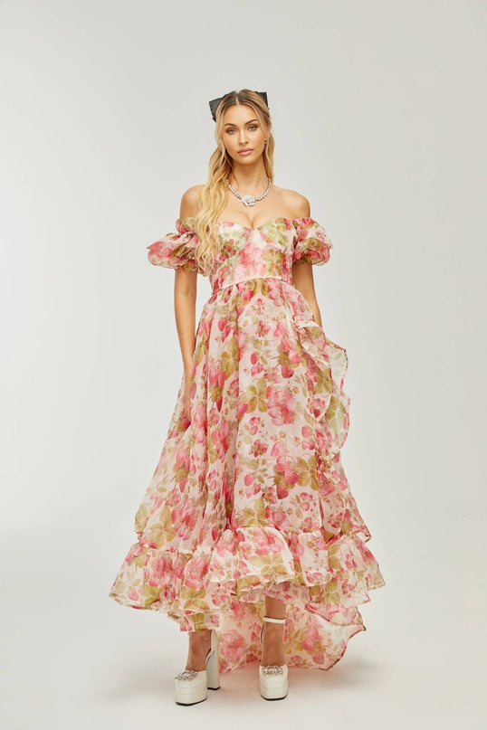 Geneviève fruitprint ruffled maxi dress