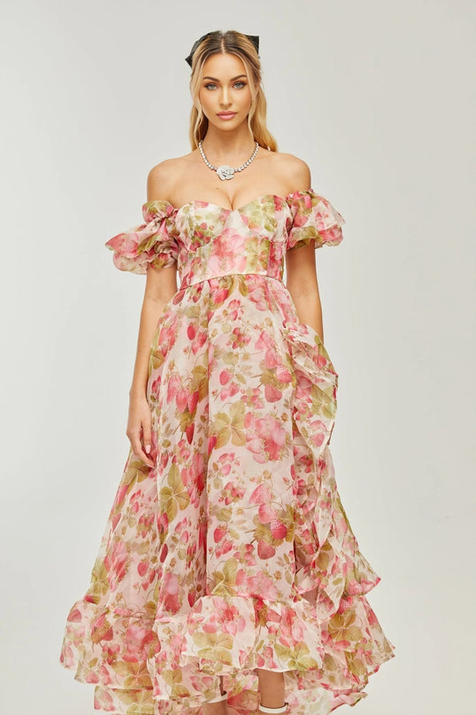 Geneviève fruitprint ruffled maxi dress