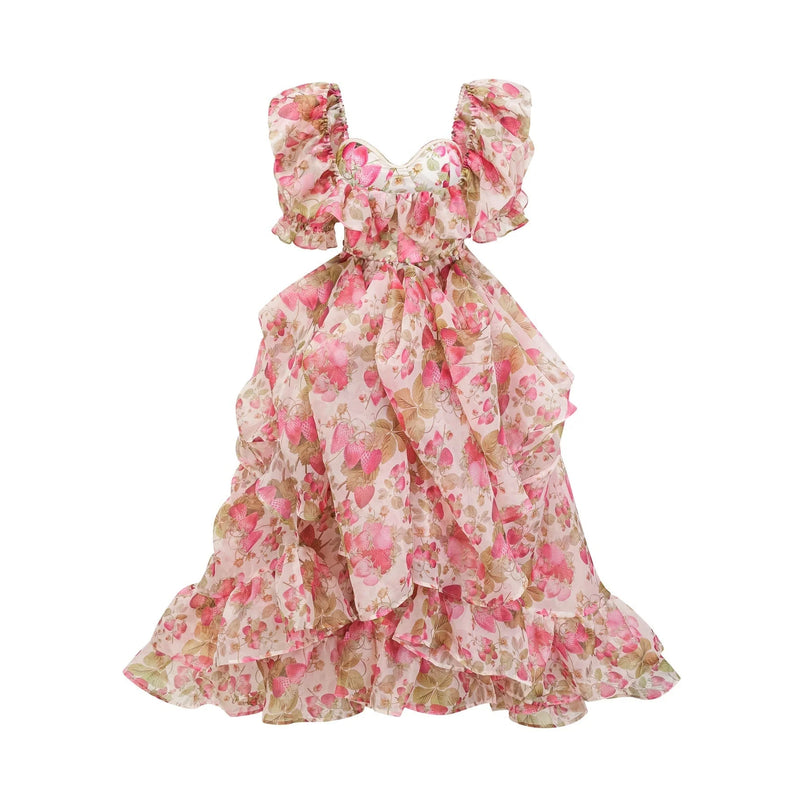 Geneviève fruitprint ruffled maxi dress