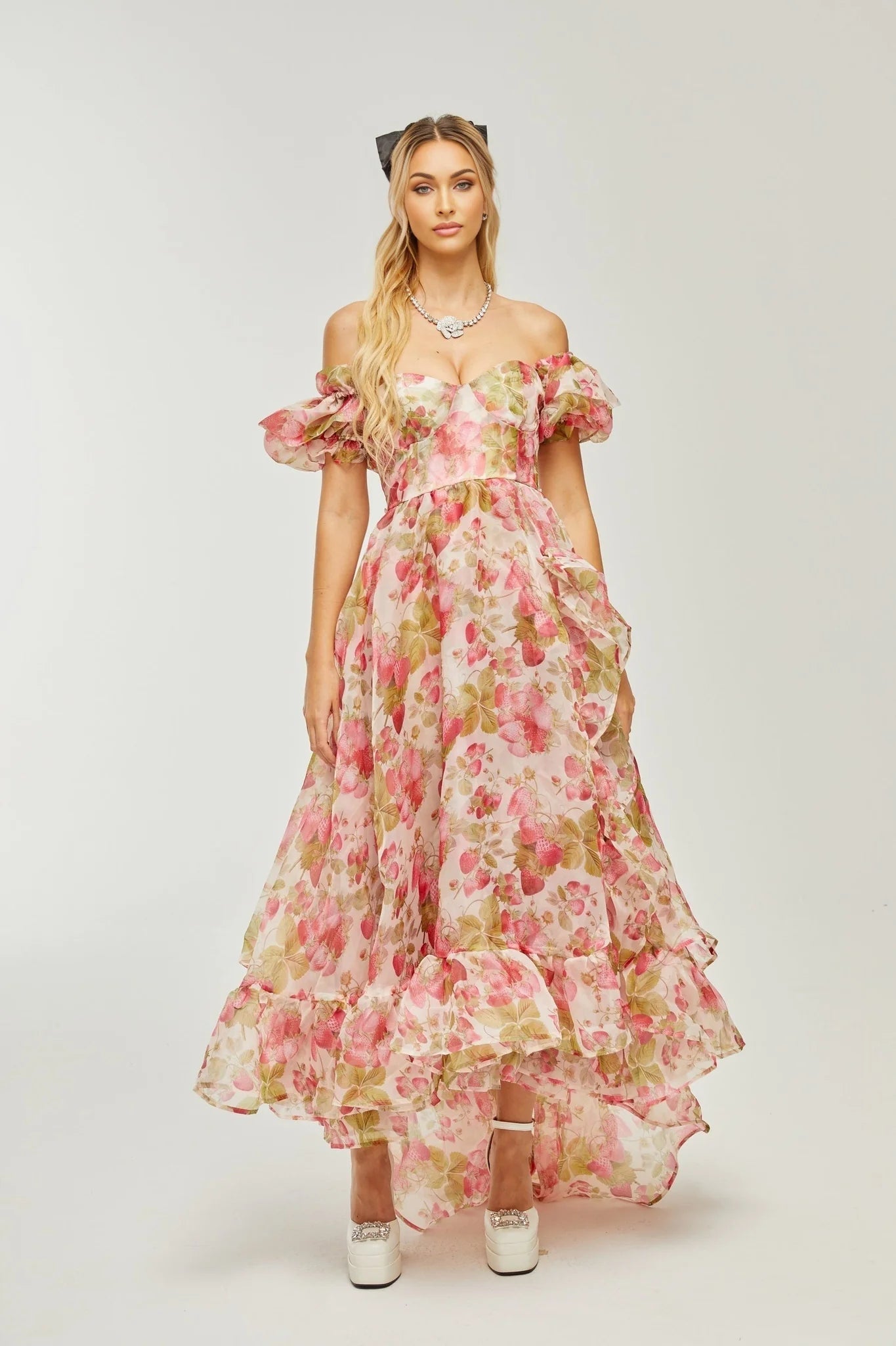 Geneviève fruitprint ruffled maxi dress