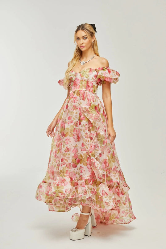 Geneviève fruitprint ruffled maxi dress
