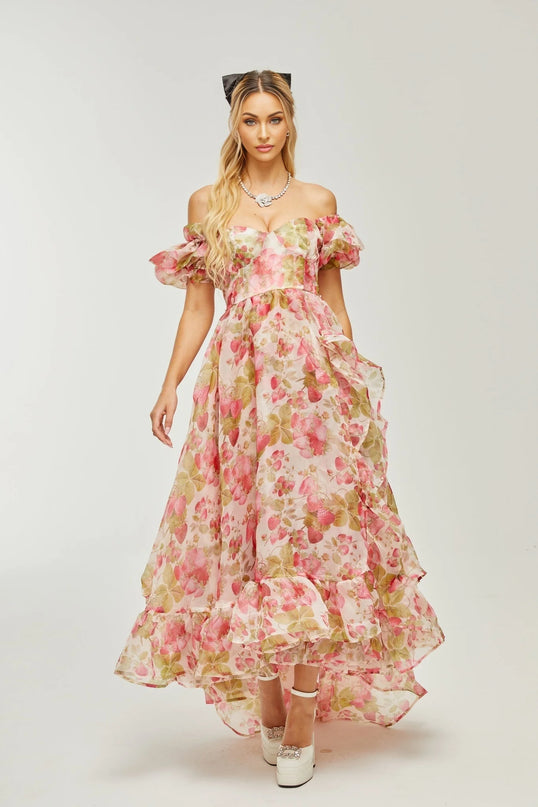 Geneviève fruitprint ruffled maxi dress