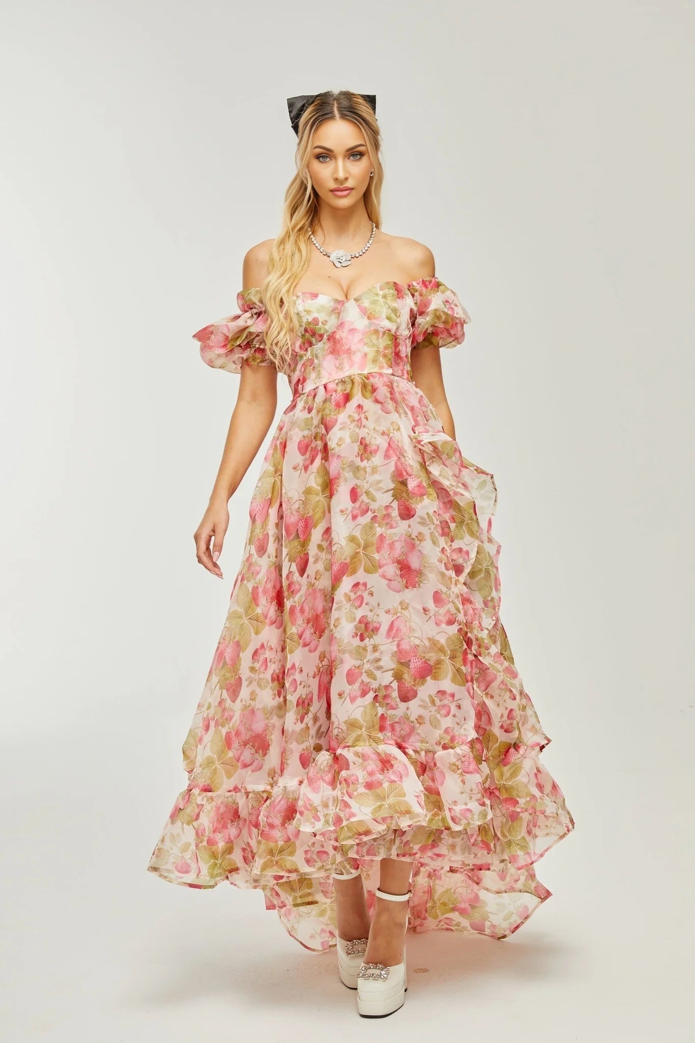 Geneviève fruitprint ruffled maxi dress