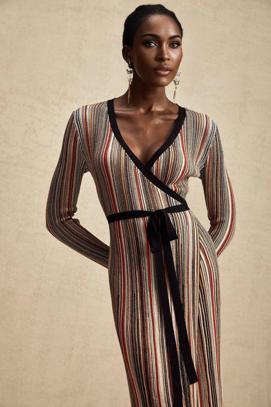 Genevieve Pink Multicolor Knitted V-Neck Midi Dress with Sequin Embellishments