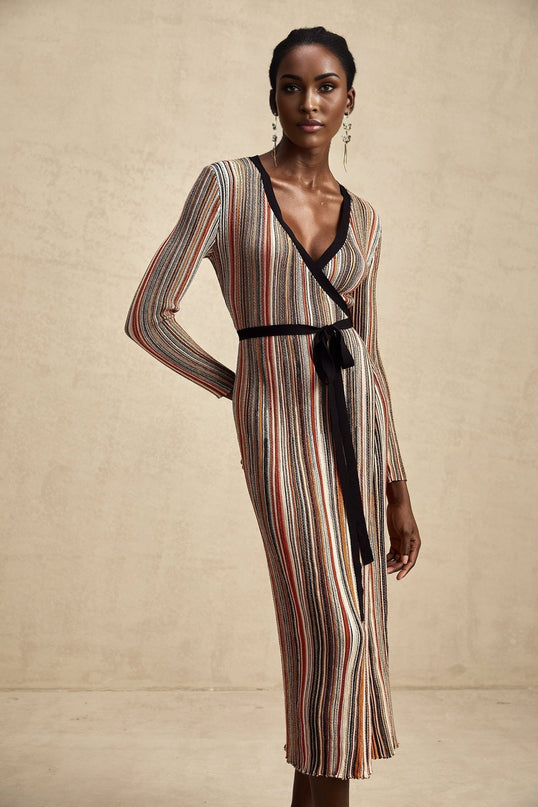 Genevieve Pink Multicolor Striped Sequin Midi Dress