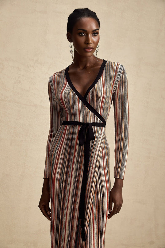 Genevieve Pink Multicolor Striped Sequin Midi Dress