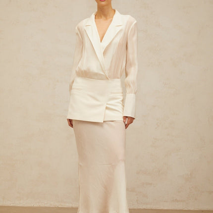 Genevieve White Maxi Dress with Panel Design and Long Sleeves