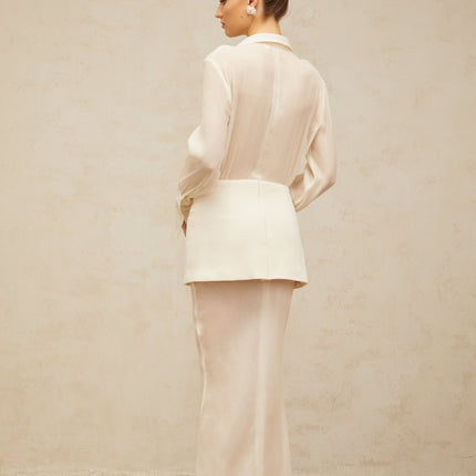 Genevieve White Maxi Dress with Paneled Design and Long Sleeves