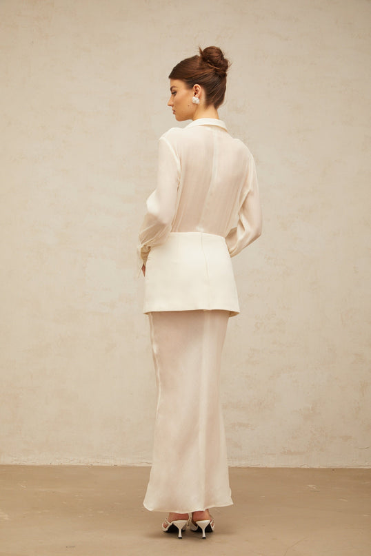 Genevieve White Maxi Dress with Paneled Design and Long Sleeves