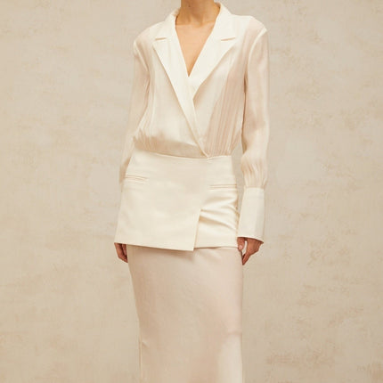 Genevieve White Maxi Dress with Paneled Design and Long Sleeves