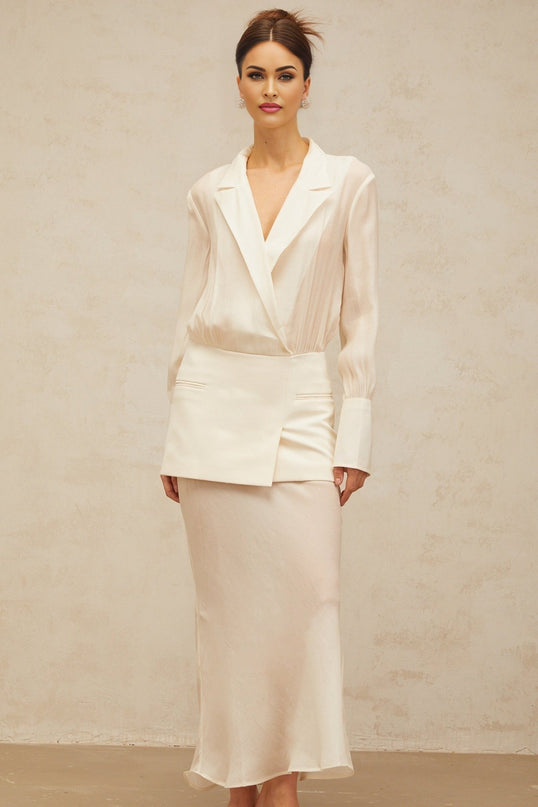 Genevieve White Maxi Dress with Paneled Design and Long Sleeves