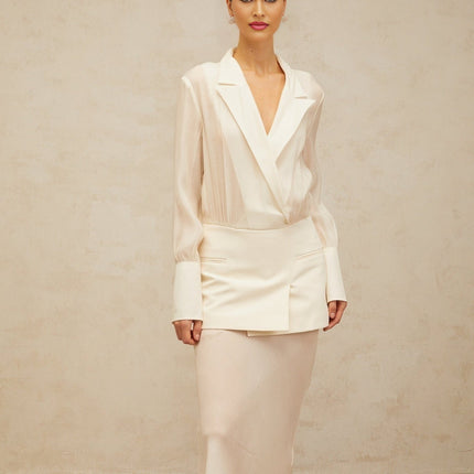 Genevieve White Maxi Dress with Paneled Design and Long Sleeves