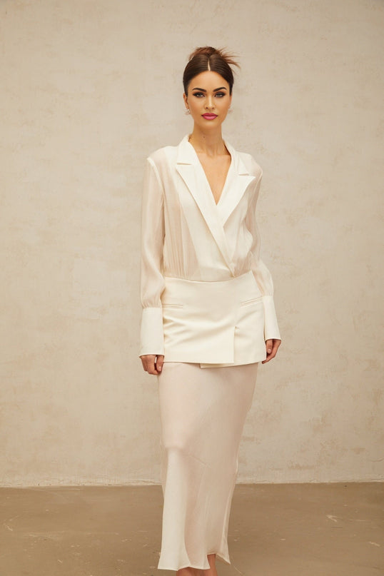 Genevieve White Maxi Dress with Paneled Design and Long Sleeves