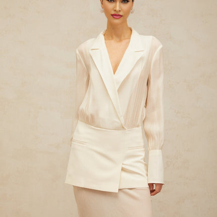 Genevieve White Maxi Dress with Paneled Design and Long Sleeves