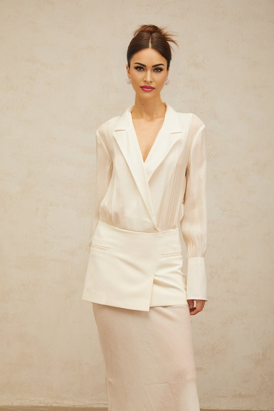 Genevieve White Maxi Dress with Paneled Design and Long Sleeves