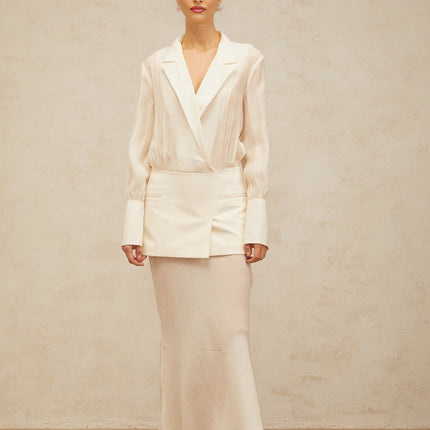 Genevieve White Maxi Dress with Paneled Design and Long Sleeves