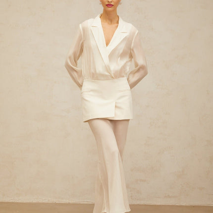 Genevieve White Maxi Dress with Paneled Design and Long Sleeves