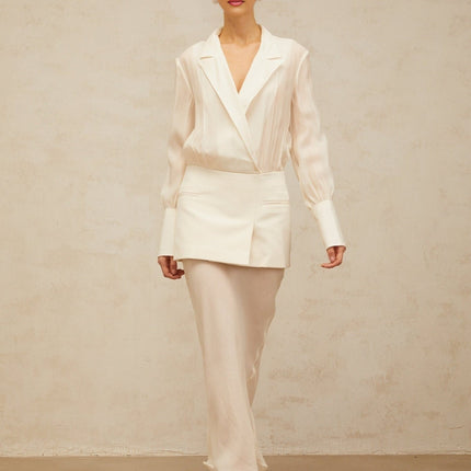 Genevieve White Maxi Dress with Paneled Design and Long Sleeves