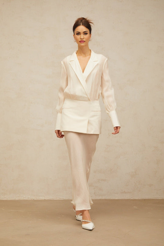 Genevieve White Maxi Dress with Paneled Design and Long Sleeves