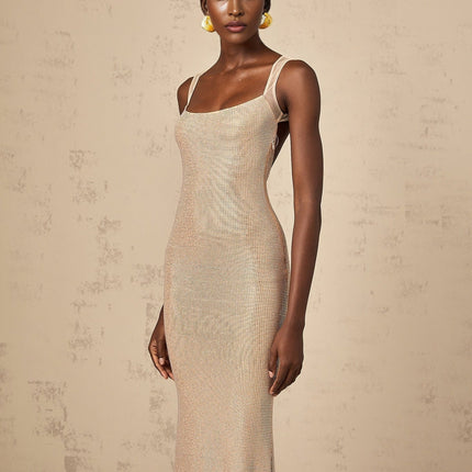 Genoveffa Elegant Sleeveless Maxi Dress in Neutrals with Crystal Embellishments