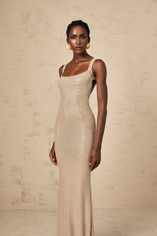 Genoveffa Elegant Sleeveless Maxi Dress in Neutrals with Crystal Embellishments