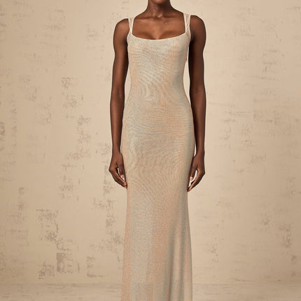 Genoveffa Elegant Sleeveless Maxi Dress Neutrals Crystal Embellishments Open Back Square Neck
