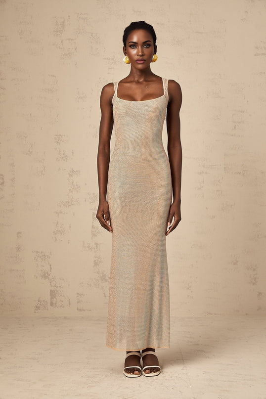 Genoveffa Elegant Sleeveless Maxi Dress Neutrals Crystal Embellishments Open Back Square Neck