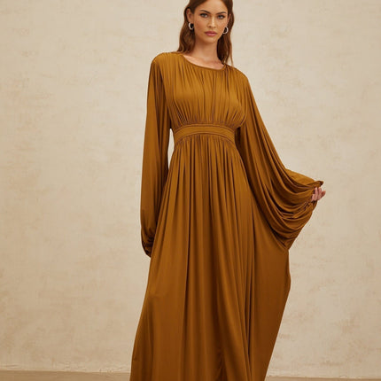 Genoveffa Maxi Dress in Opulent Olive Green with Round Neck and Puff Sleeves