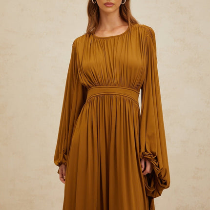 Genoveffa Maxi Dress in Opulent Olive Green with Round Neck and Puff Sleeves