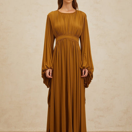 Genoveffa Olive Green Maxi Dress with Puff Sleeves and Pleated Details