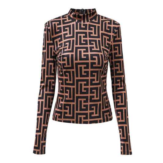 Geometric - Printed Slim Fit High Neck Top with Back Zipper Detail - Brown