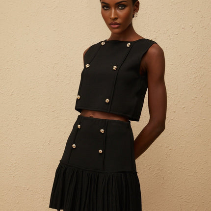 Georgia Black Knit Top Skirt Set Terylene Spandex Gold Buttons Pleats