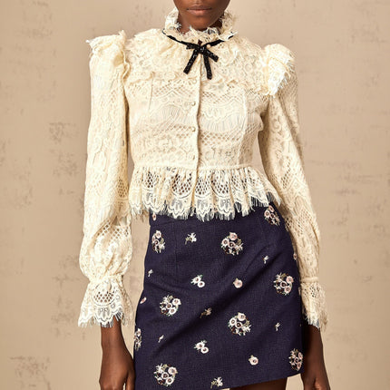 Georgia Embroidered A-line Cotton Mini Skirt in Navy Blue