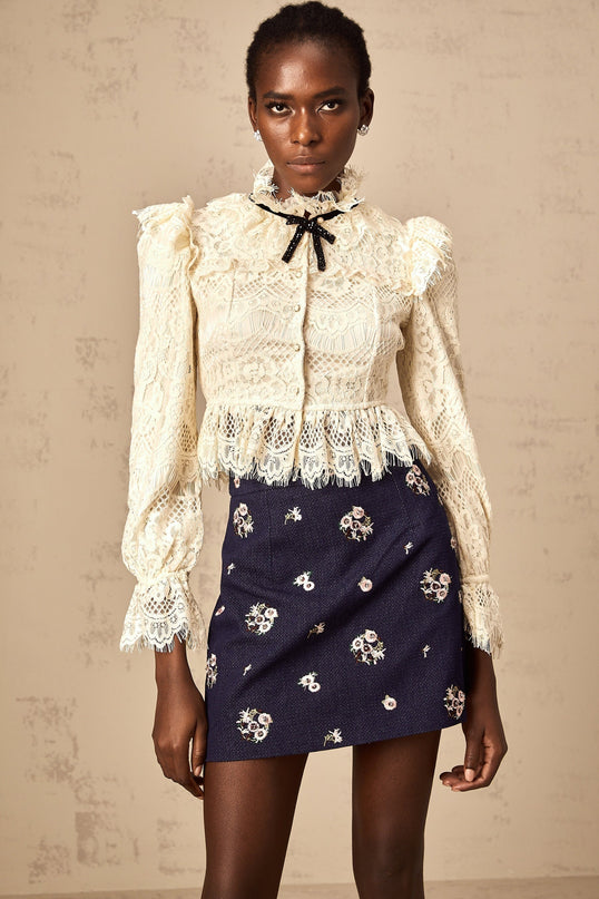 Georgia Embroidered A-line Cotton Mini Skirt in Navy Blue